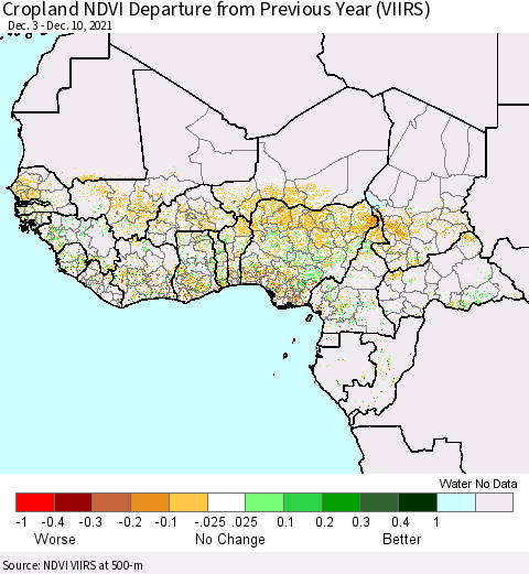 Western Africa Cropland NDVI Departure from Previous Year (VIIRS) Thematic Map For 12/3/2021 - 12/10/2021