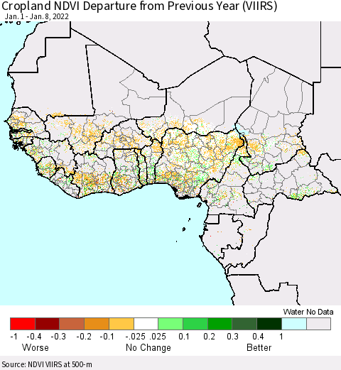 Western Africa Cropland NDVI Departure from Previous Year (VIIRS) Thematic Map For 1/1/2022 - 1/8/2022