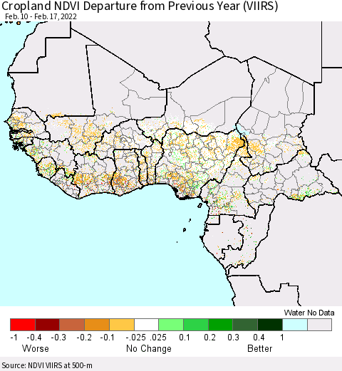 Western Africa Cropland NDVI Departure from Previous Year (VIIRS) Thematic Map For 2/10/2022 - 2/17/2022
