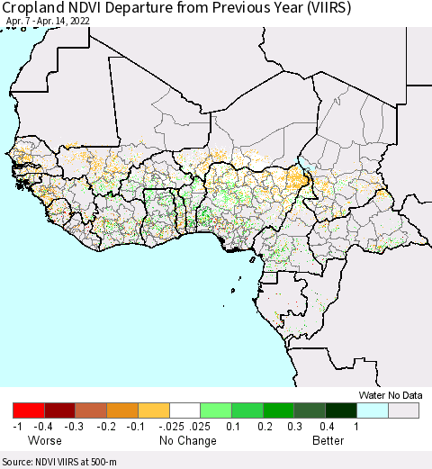 Western Africa Cropland NDVI Departure from Previous Year (VIIRS) Thematic Map For 4/7/2022 - 4/14/2022