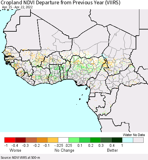 Western Africa Cropland NDVI Departure from Previous Year (VIIRS) Thematic Map For 4/15/2022 - 4/22/2022