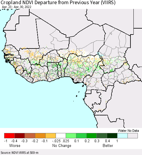 Western Africa Cropland NDVI Departure from Previous Year (VIIRS) Thematic Map For 4/23/2022 - 4/30/2022