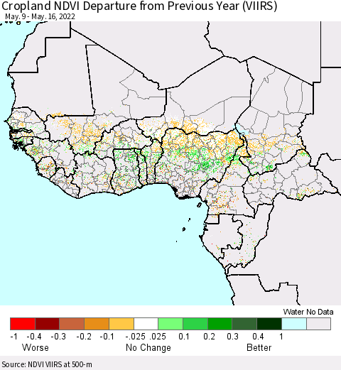 Western Africa Cropland NDVI Departure from Previous Year (VIIRS) Thematic Map For 5/9/2022 - 5/16/2022