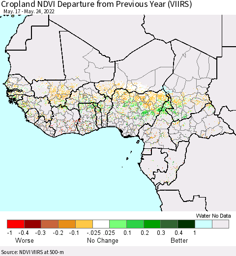 Western Africa Cropland NDVI Departure from Previous Year (VIIRS) Thematic Map For 5/17/2022 - 5/24/2022