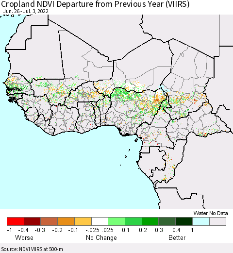 Western Africa Cropland NDVI Departure from Previous Year (VIIRS) Thematic Map For 6/26/2022 - 7/3/2022