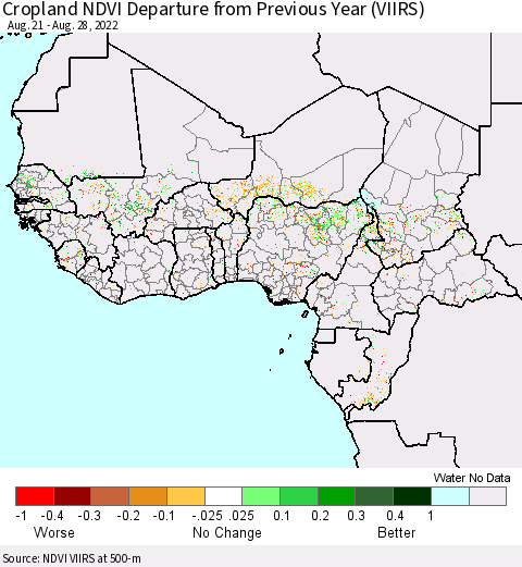 Western Africa Cropland NDVI Departure from Previous Year (VIIRS) Thematic Map For 8/21/2022 - 8/28/2022