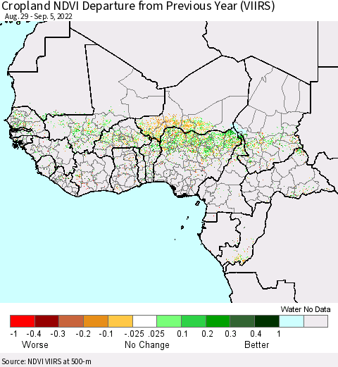 Western Africa Cropland NDVI Departure from Previous Year (VIIRS) Thematic Map For 8/29/2022 - 9/5/2022