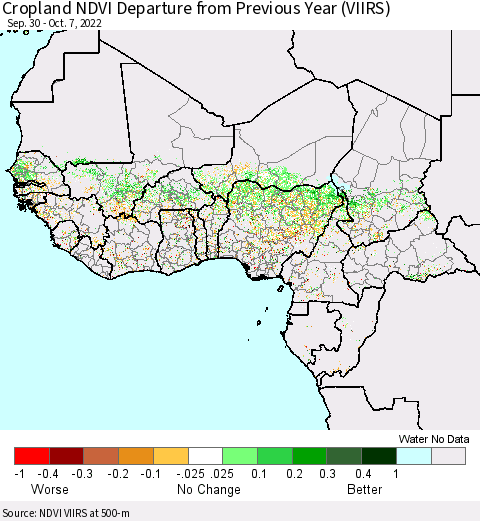 Western Africa Cropland NDVI Departure from Previous Year (VIIRS) Thematic Map For 9/30/2022 - 10/7/2022