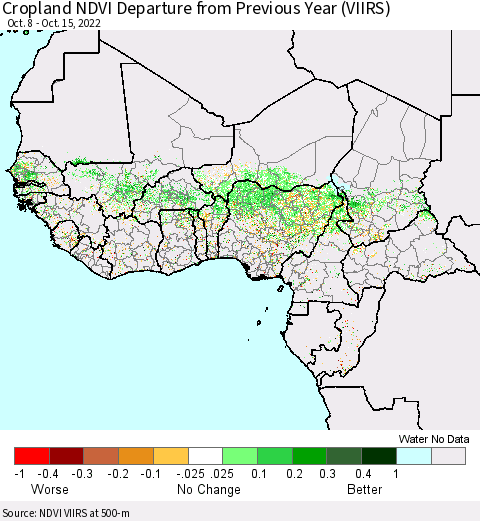 Western Africa Cropland NDVI Departure from Previous Year (VIIRS) Thematic Map For 10/8/2022 - 10/15/2022