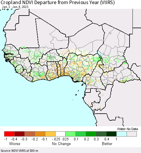 Western Africa Cropland NDVI Departure from Previous Year (VIIRS) Thematic Map For 1/1/2023 - 1/8/2023