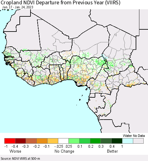 Western Africa Cropland NDVI Departure from Previous Year (VIIRS) Thematic Map For 1/17/2023 - 1/24/2023