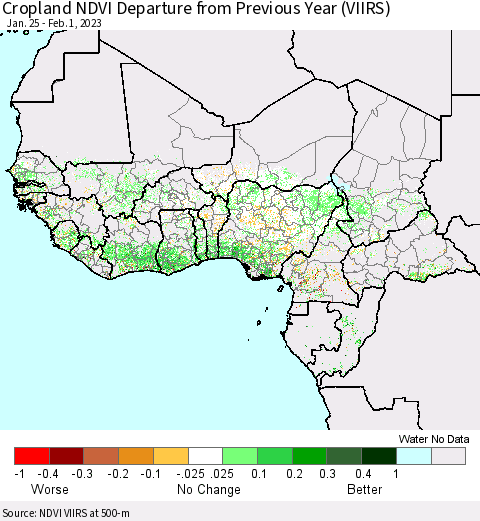 Western Africa Cropland NDVI Departure from Previous Year (VIIRS) Thematic Map For 1/25/2023 - 2/1/2023