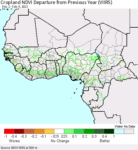 Western Africa Cropland NDVI Departure from Previous Year (VIIRS) Thematic Map For 2/2/2023 - 2/9/2023
