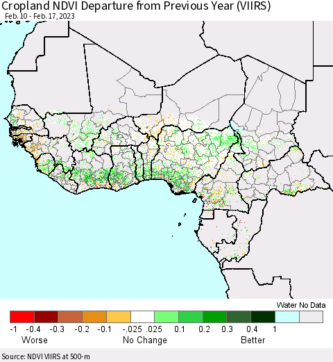 Western Africa Cropland NDVI Departure from Previous Year (VIIRS) Thematic Map For 2/10/2023 - 2/17/2023