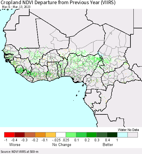 Western Africa Cropland NDVI Departure from Previous Year (VIIRS) Thematic Map For 3/6/2023 - 3/13/2023