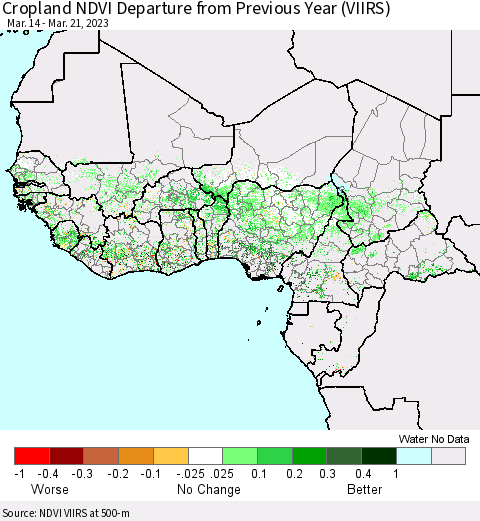Western Africa Cropland NDVI Departure from Previous Year (VIIRS) Thematic Map For 3/14/2023 - 3/21/2023