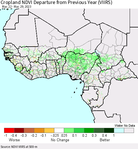 Western Africa Cropland NDVI Departure from Previous Year (VIIRS) Thematic Map For 3/22/2023 - 3/29/2023
