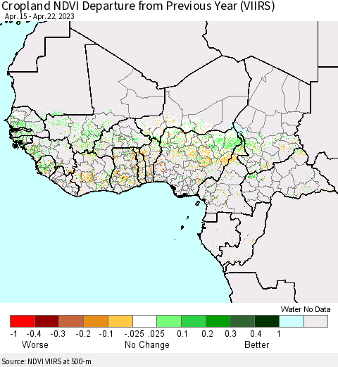 Western Africa Cropland NDVI Departure from Previous Year (VIIRS) Thematic Map For 4/15/2023 - 4/22/2023
