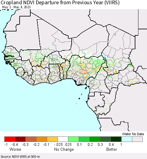 Western Africa Cropland NDVI Departure from Previous Year (VIIRS) Thematic Map For 5/1/2023 - 5/8/2023