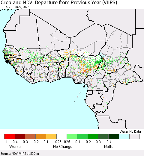 Western Africa Cropland NDVI Departure from Previous Year (VIIRS) Thematic Map For 6/2/2023 - 6/9/2023