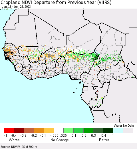 Western Africa Cropland NDVI Departure from Previous Year (VIIRS) Thematic Map For 6/18/2023 - 6/25/2023