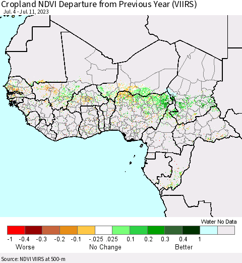 Western Africa Cropland NDVI Departure from Previous Year (VIIRS) Thematic Map For 7/4/2023 - 7/11/2023