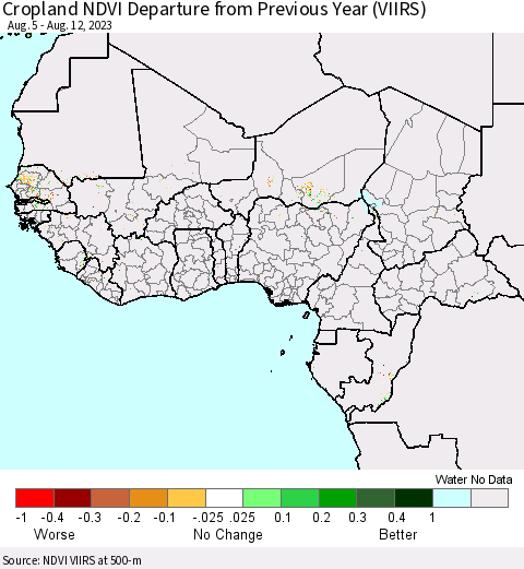 Western Africa Cropland NDVI Departure from Previous Year (VIIRS) Thematic Map For 8/5/2023 - 8/12/2023