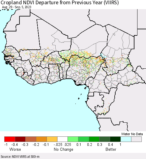Western Africa Cropland NDVI Departure from Previous Year (VIIRS) Thematic Map For 8/29/2023 - 9/5/2023