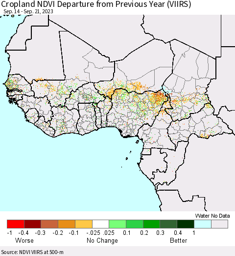 Western Africa Cropland NDVI Departure from Previous Year (VIIRS) Thematic Map For 9/14/2023 - 9/21/2023