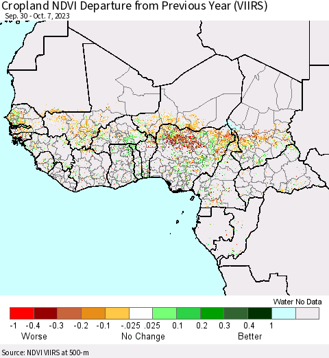 Western Africa Cropland NDVI Departure from Previous Year (VIIRS) Thematic Map For 9/30/2023 - 10/7/2023