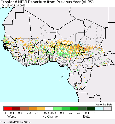 Western Africa Cropland NDVI Departure from Previous Year (VIIRS) Thematic Map For 10/16/2023 - 10/23/2023
