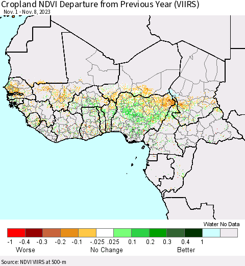 Western Africa Cropland NDVI Departure from Previous Year (VIIRS) Thematic Map For 11/1/2023 - 11/8/2023