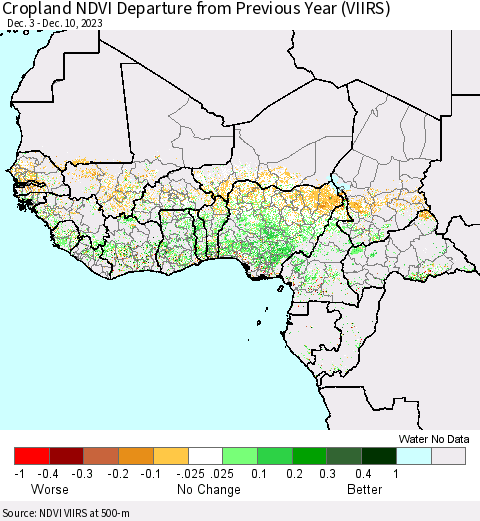 Western Africa Cropland NDVI Departure from Previous Year (VIIRS) Thematic Map For 12/3/2023 - 12/10/2023