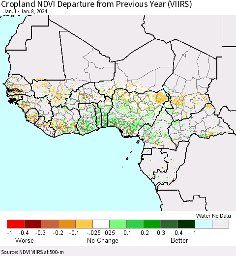 Western Africa Cropland NDVI Departure from Previous Year (VIIRS) Thematic Map For 1/1/2024 - 1/8/2024