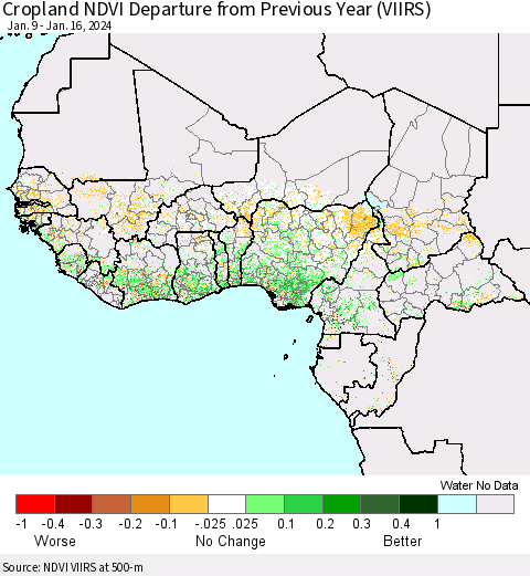 Western Africa Cropland NDVI Departure from Previous Year (VIIRS) Thematic Map For 1/9/2024 - 1/16/2024