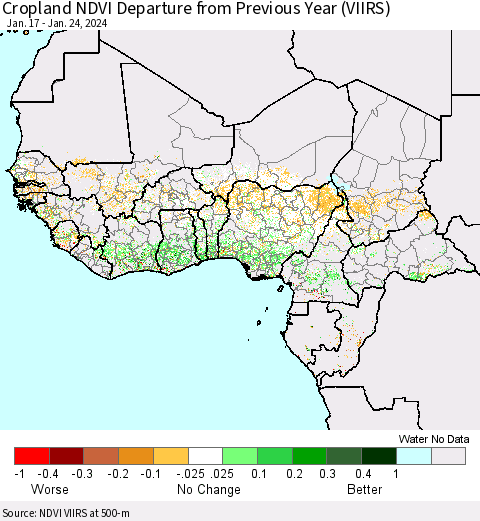 Western Africa Cropland NDVI Departure from Previous Year (VIIRS) Thematic Map For 1/17/2024 - 1/24/2024