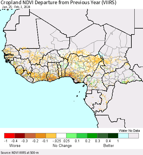 Western Africa Cropland NDVI Departure from Previous Year (VIIRS) Thematic Map For 1/25/2024 - 2/1/2024