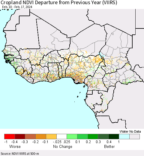 Western Africa Cropland NDVI Departure from Previous Year (VIIRS) Thematic Map For 2/10/2024 - 2/17/2024