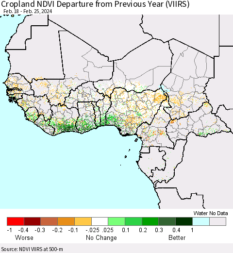 Western Africa Cropland NDVI Departure from Previous Year (VIIRS) Thematic Map For 2/18/2024 - 2/25/2024