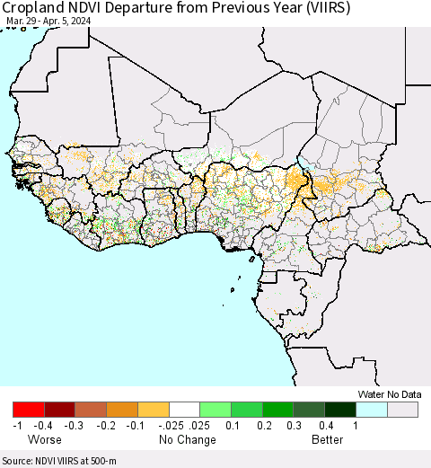 Western Africa Cropland NDVI Departure from Previous Year (VIIRS) Thematic Map For 3/29/2024 - 4/5/2024