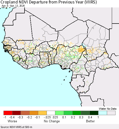 Western Africa Cropland NDVI Departure from Previous Year (VIIRS) Thematic Map For 4/6/2024 - 4/13/2024