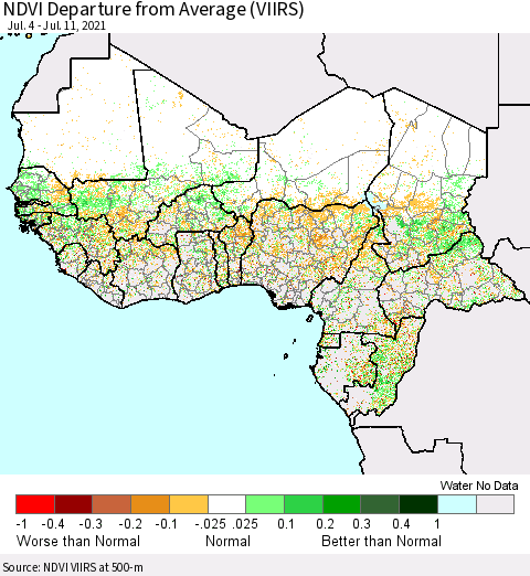 Western Africa NDVI Departure from Average (VIIRS) Thematic Map For 7/4/2021 - 7/11/2021
