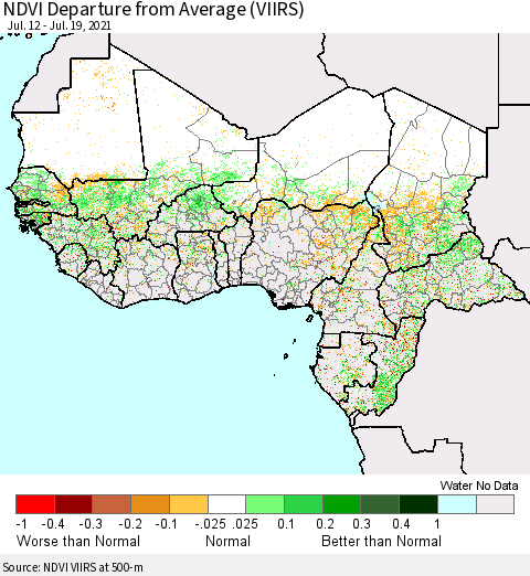Western Africa NDVI Departure from Average (VIIRS) Thematic Map For 7/12/2021 - 7/19/2021