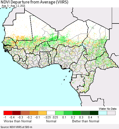 Western Africa NDVI Departure from Average (VIIRS) Thematic Map For 8/5/2021 - 8/12/2021