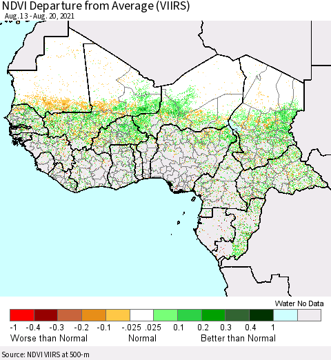 Western Africa NDVI Departure from Average (VIIRS) Thematic Map For 8/13/2021 - 8/20/2021