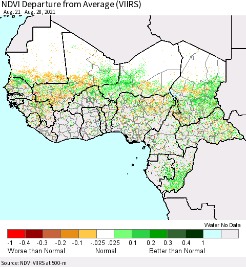 Western Africa NDVI Departure from Average (VIIRS) Thematic Map For 8/21/2021 - 8/28/2021