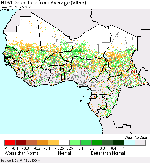 Western Africa NDVI Departure from Average (VIIRS) Thematic Map For 8/29/2021 - 9/5/2021