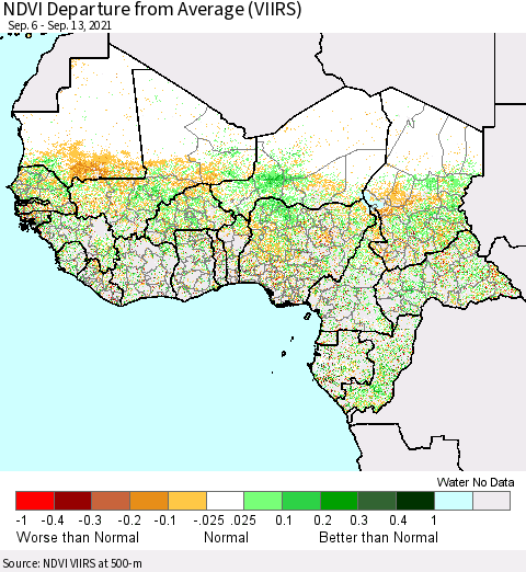 Western Africa NDVI Departure from Average (VIIRS) Thematic Map For 9/6/2021 - 9/13/2021