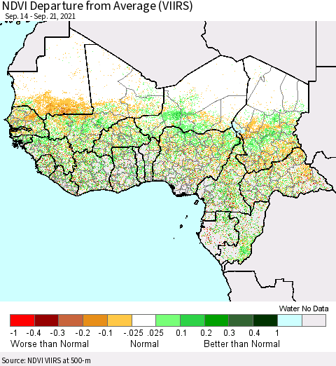 Western Africa NDVI Departure from Average (VIIRS) Thematic Map For 9/14/2021 - 9/21/2021