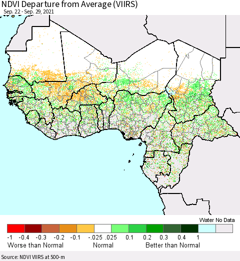 Western Africa NDVI Departure from Average (VIIRS) Thematic Map For 9/22/2021 - 9/29/2021